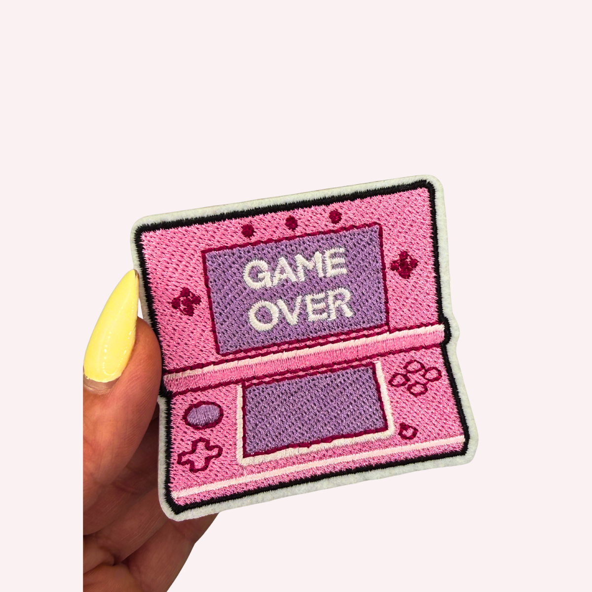 Pink Game Over Gamer Embroidered Iron-On Patch – Retro Handheld Gaming Patch, Y2K Gamer Patch, Cute Backpack & Jacket Patch