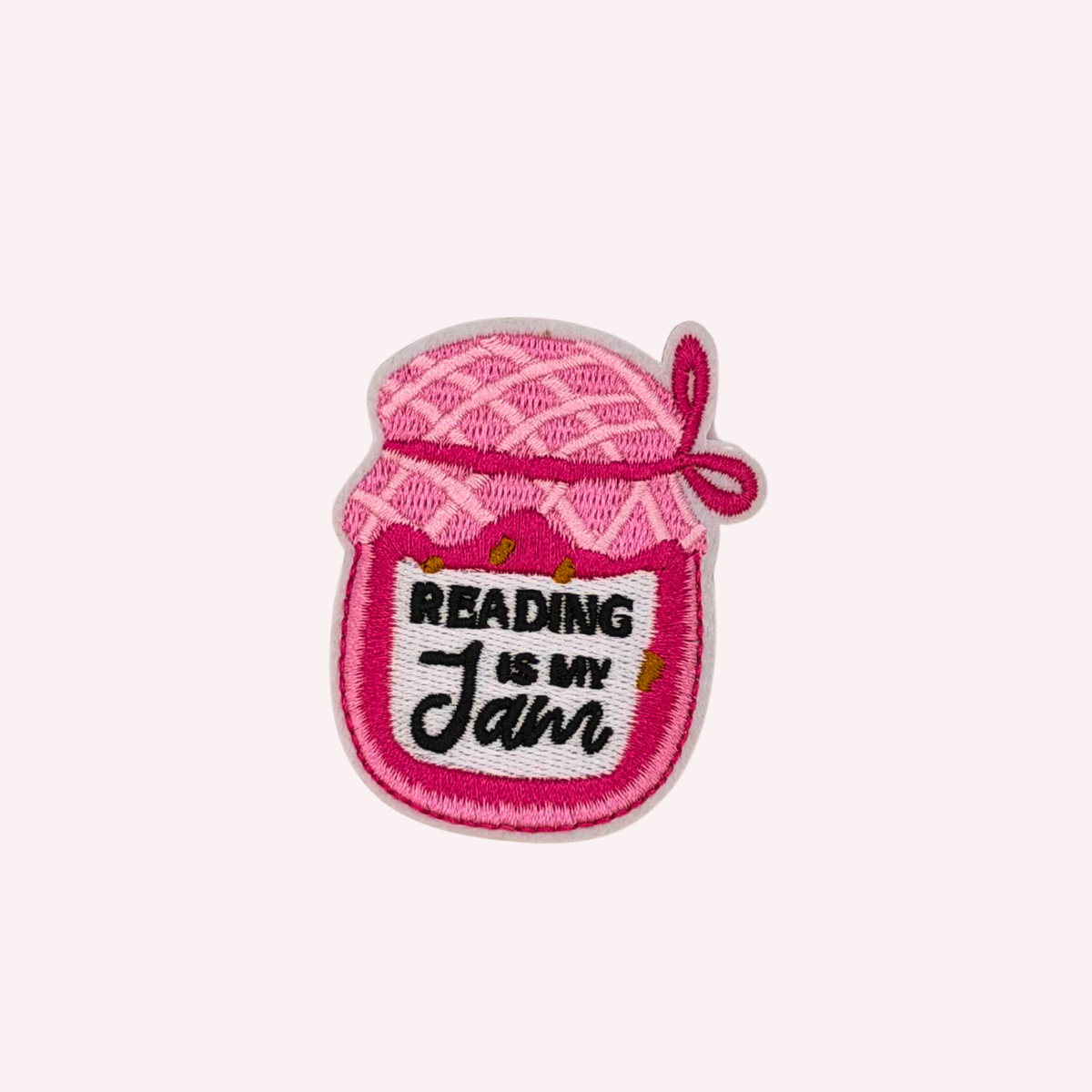 Reading Is My Jam Embroidered Iron-On Patch – Pink Book Lover Patch, Cute Reader Gift, Bookish Jacket & Tote Bag Patch