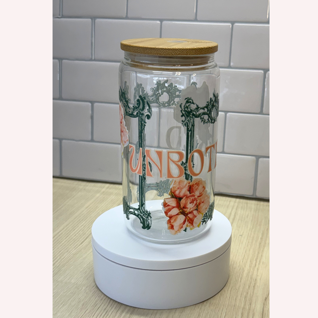 UNBOTHERED 16 oz Glass Cup with Lid & Straw | Vintage Green Frame Design | Elegant Aesthetic Drinkware