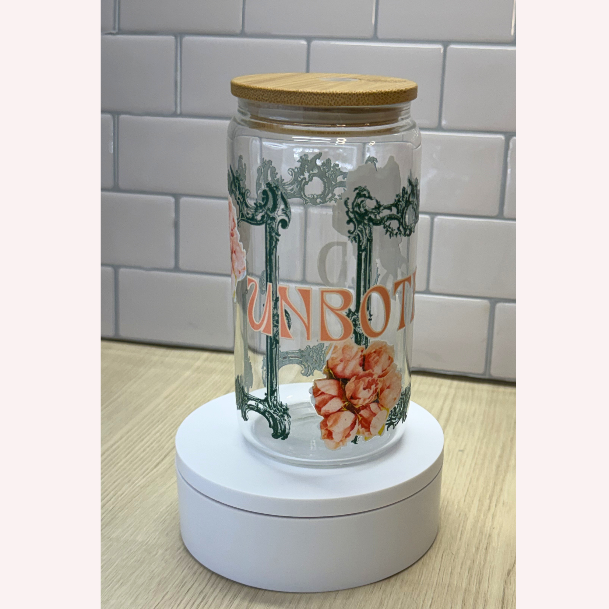 UNBOTHERED 16 oz Glass Cup with Lid & Straw | Vintage Green Frame Design | Elegant Aesthetic Drinkware