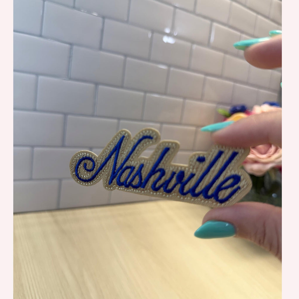 Nashville Patch – Navy Lettering on Beige Embroidered Iron-On Patch | Classy Western Aesthetic | Country Concert Outfit Accessory