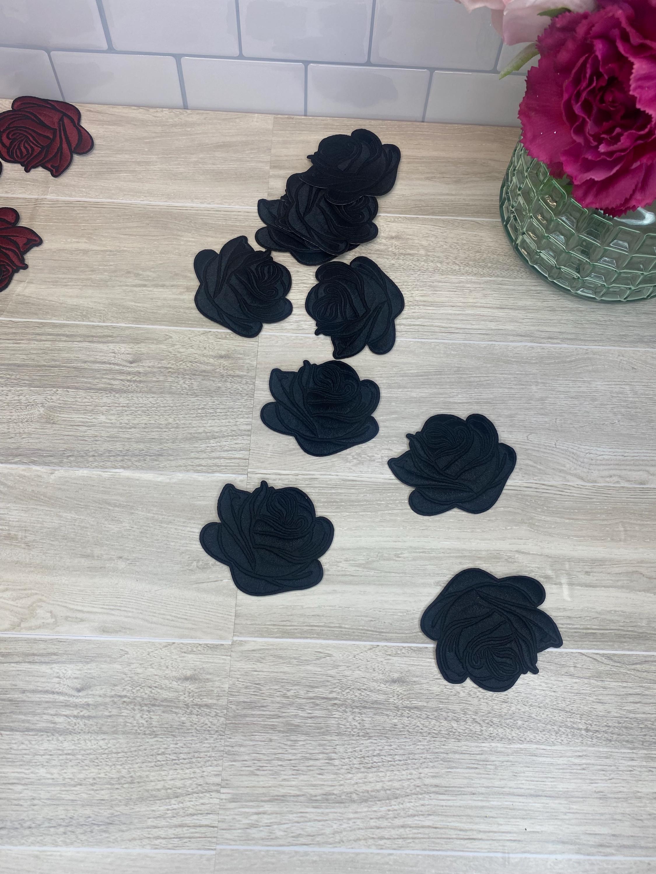 Embroidered Rose Iron On Patch: Black or Burgundy Flower Applique