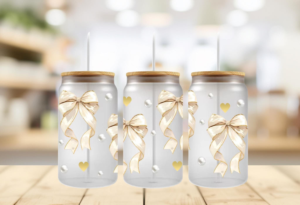 Beige Bows & Gold Hearts UV DTF Wrap, 16 oz Cup Decal