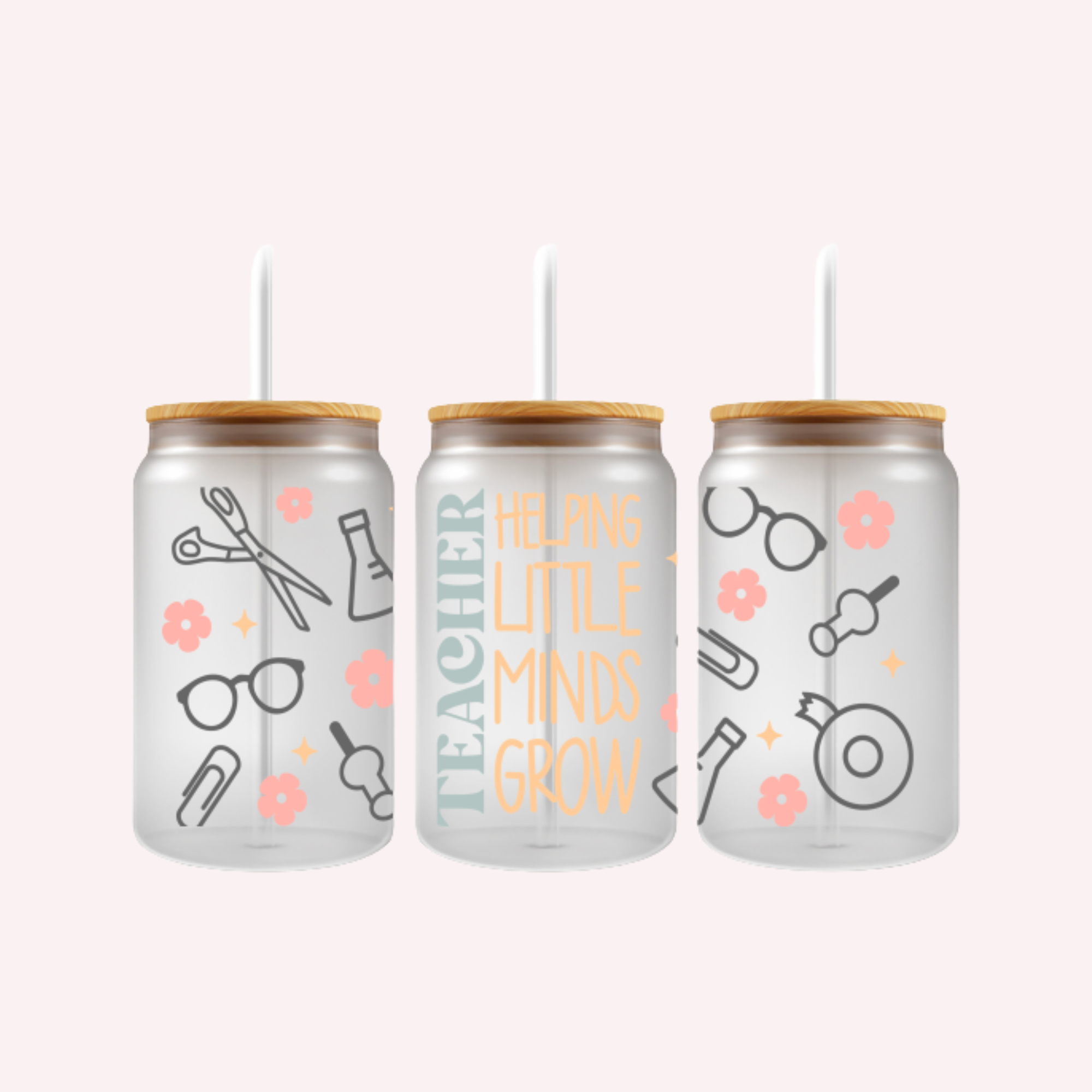 Teachers Helping Little Minds Grow Cup Wrap | Teacher Appreciation Glass Can Wrap | Cute Pastel Teacher Gift | 16oz Libbey Cup UV DTF Wrap