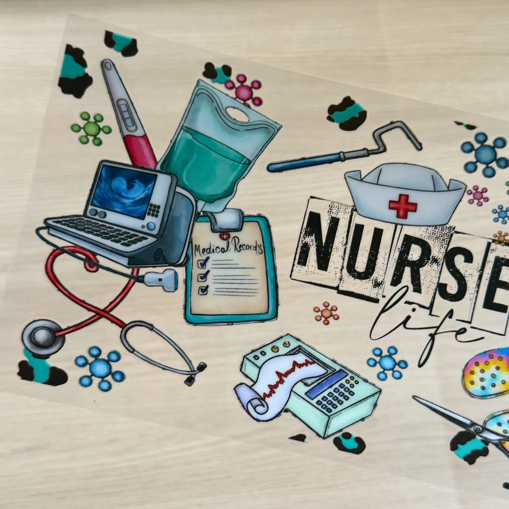 Nurse Life Colorful Cup Wrap | Cute Nurse Glass Can Wrap | Vibrant RN Appreciation Gift | 16oz Libbey UV DTF Transfer Decal