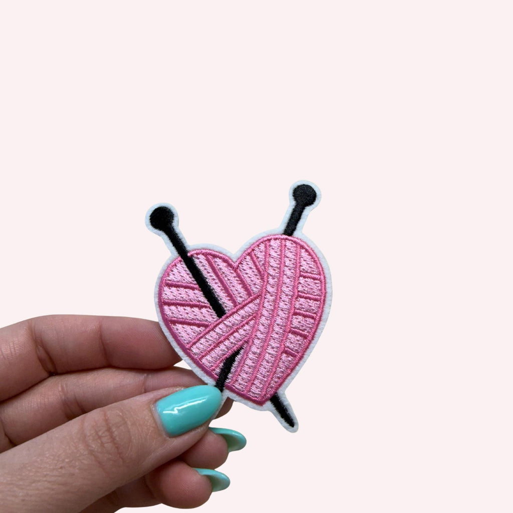 Heart-Shaped Yarn Roll with Knitting Sticks Iron-On Embroidery Patch