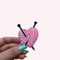 Heart-Shaped Yarn Roll with Knitting Sticks Iron-On Embroidery Patch