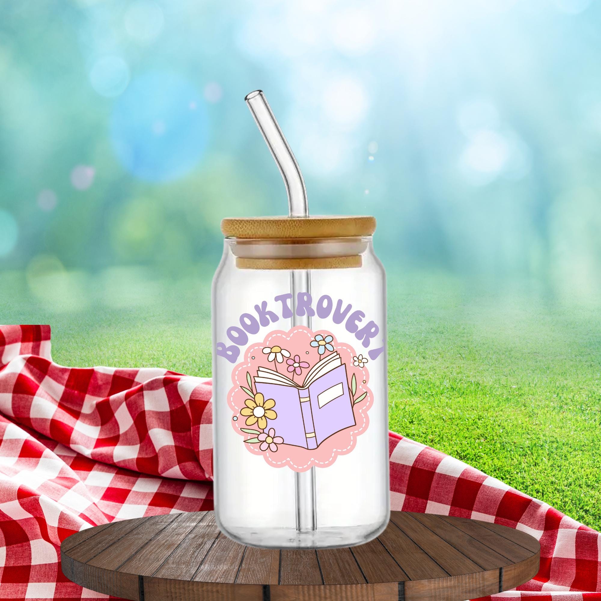 Booktrovert Glass Cup Decal: Purple Floral Book Sticker, 4x4" UV DTF Transfer