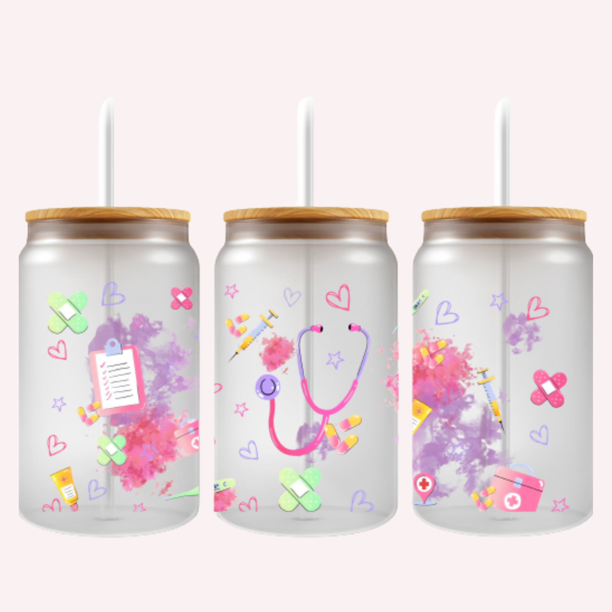 Girly Nurse Cup Wrap | Pink & Purple Aesthetic | 16 oz Libbey Glass Cup Wrap | Nurse Life Drink Wrap