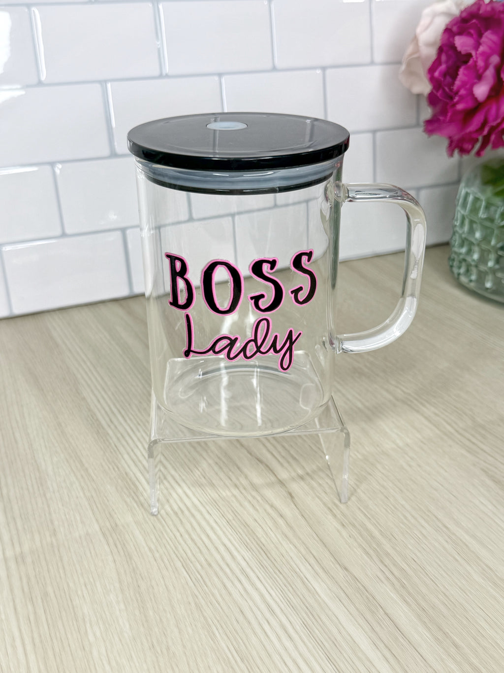 La Jefa & Boss Lady Clear Mugs – 11.5×9.5×14 cm | Black Lid | Exclusive Designs