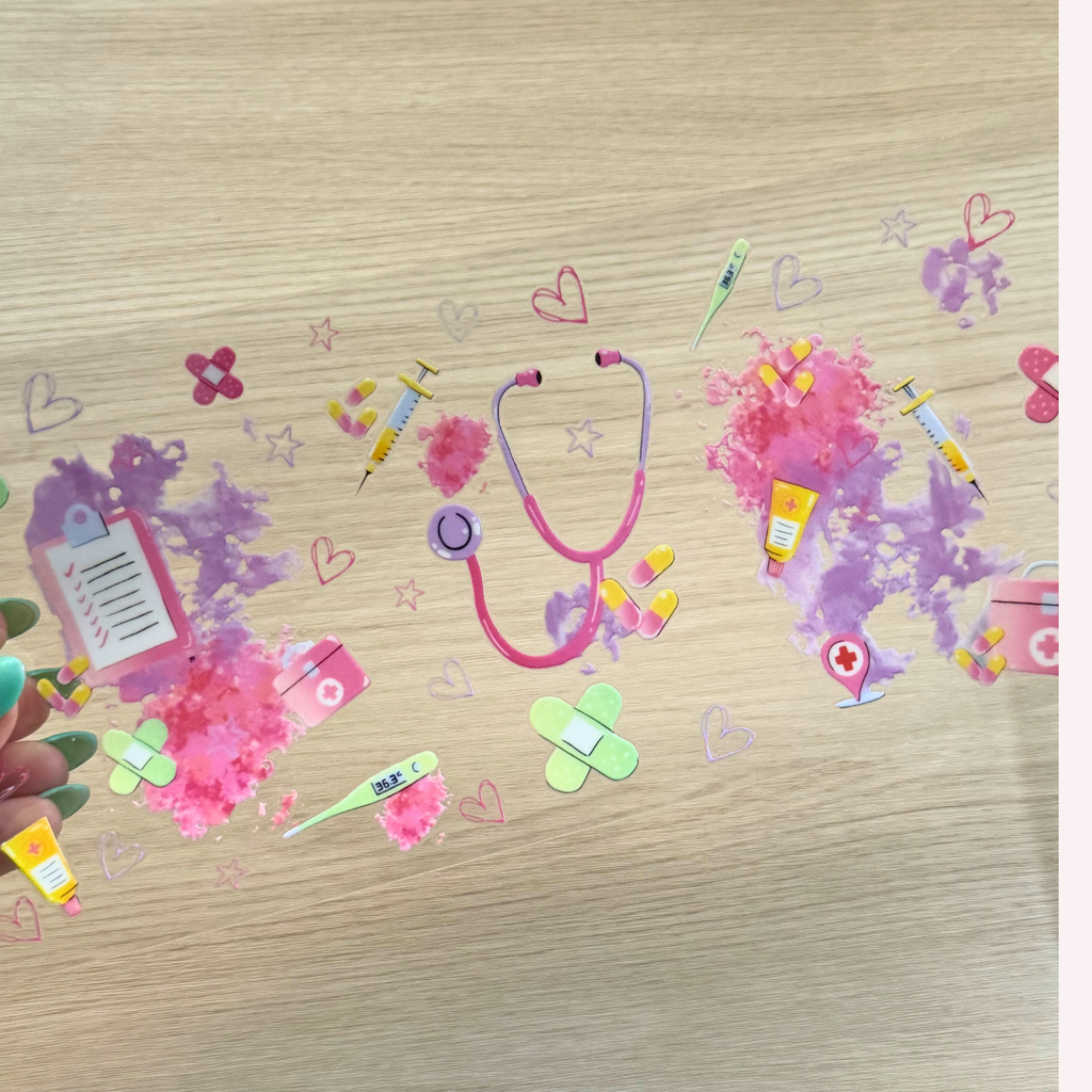 Girly Nurse Cup Wrap | Pink & Purple Aesthetic | 16 oz Libbey Glass Cup Wrap | Nurse Life Drink Wrap