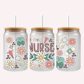 Nurse Cup Wrap | Neutral Coral & Sage Green Aesthetic | Floral Crocs & Stethoscope Design | 16 oz Libbey Glass Wrap