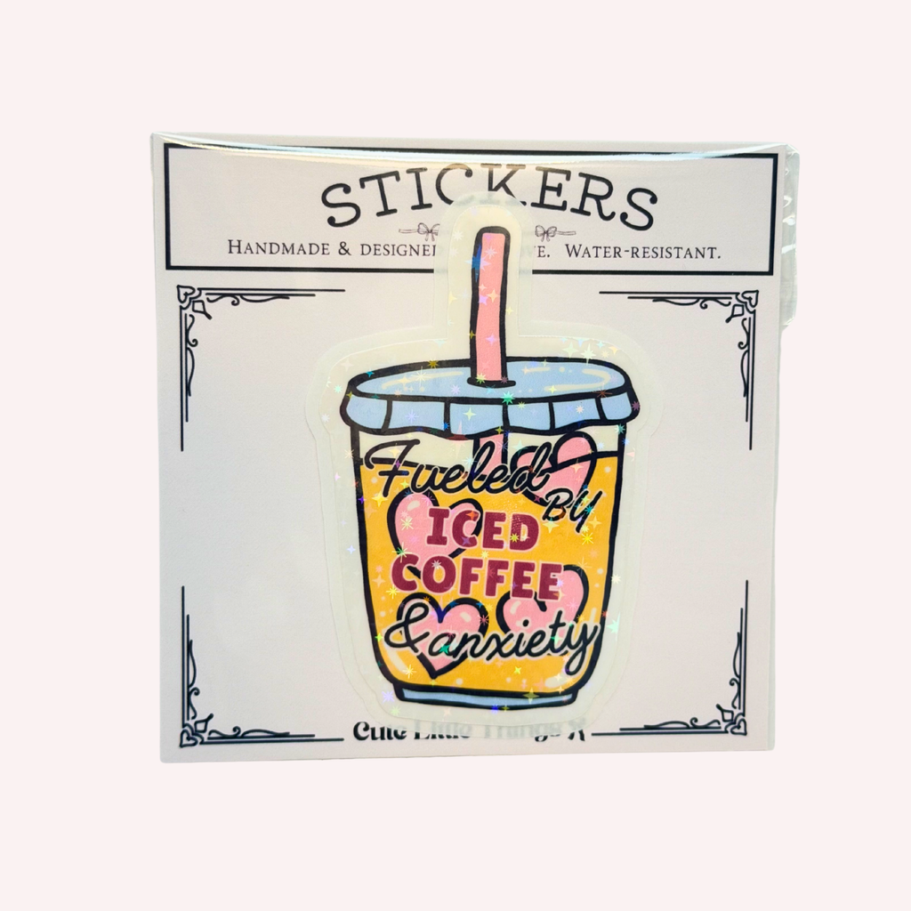 Fueled by Iced Coffee & Anxiety Holographic Vinyl Sticker | Funny Coffee Lover Sticker | Cute Iced Coffee Decal | Water-Resistant Sticker