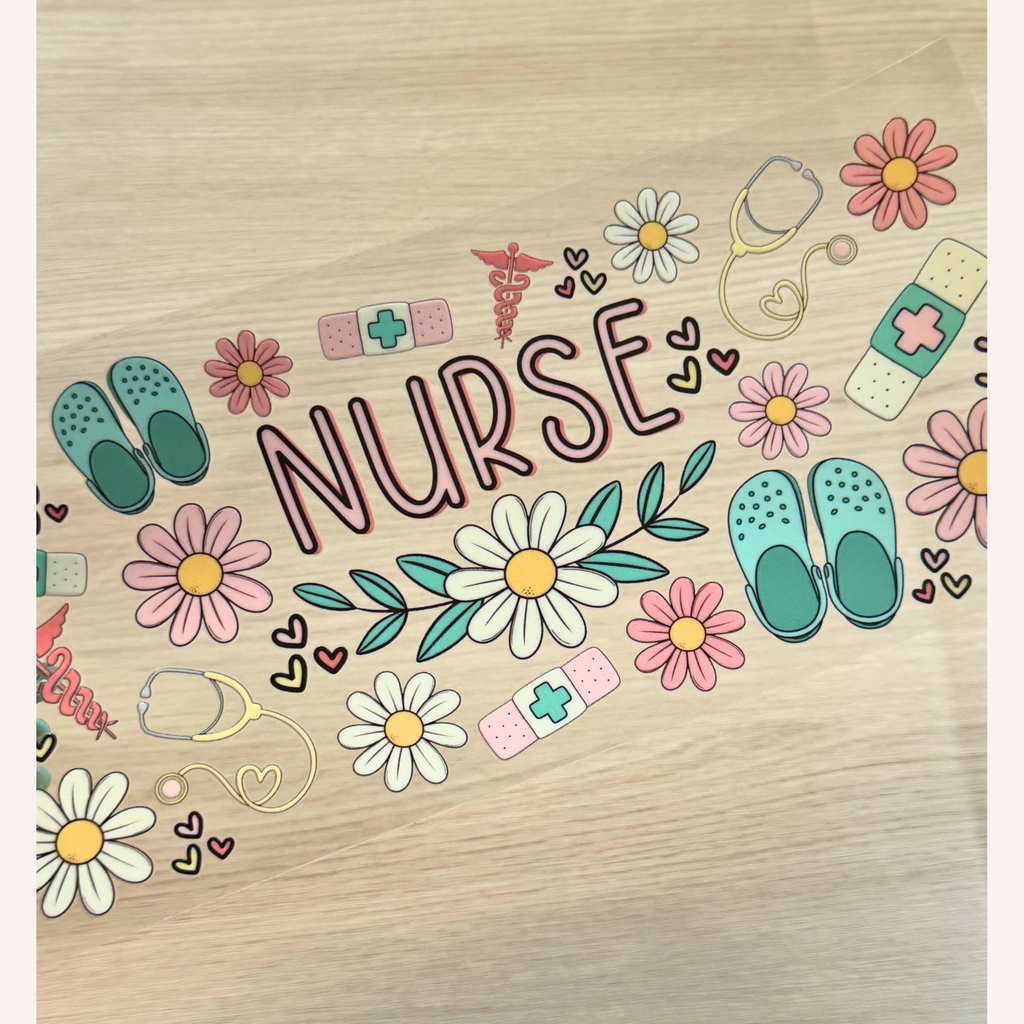 Nurse Cup Wrap | Neutral Coral & Sage Green Aesthetic | Floral Crocs & Stethoscope Design | 16 oz Libbey Glass Wrap