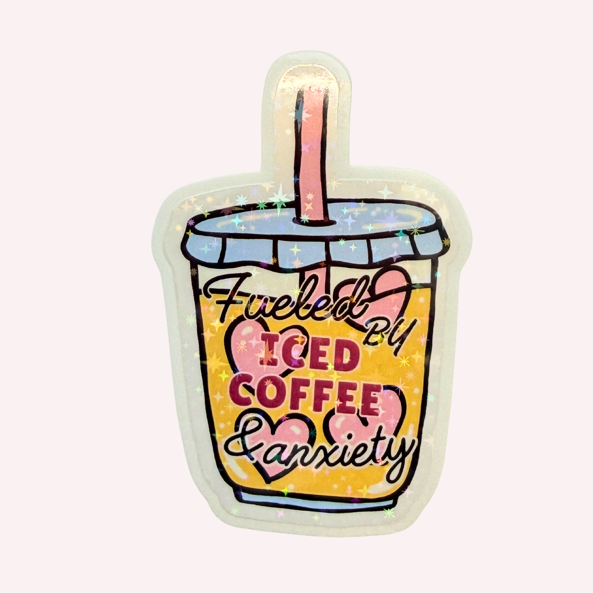 Fueled by Iced Coffee & Anxiety Holographic Vinyl Sticker | Funny Coffee Lover Sticker | Cute Iced Coffee Decal | Water-Resistant Sticker