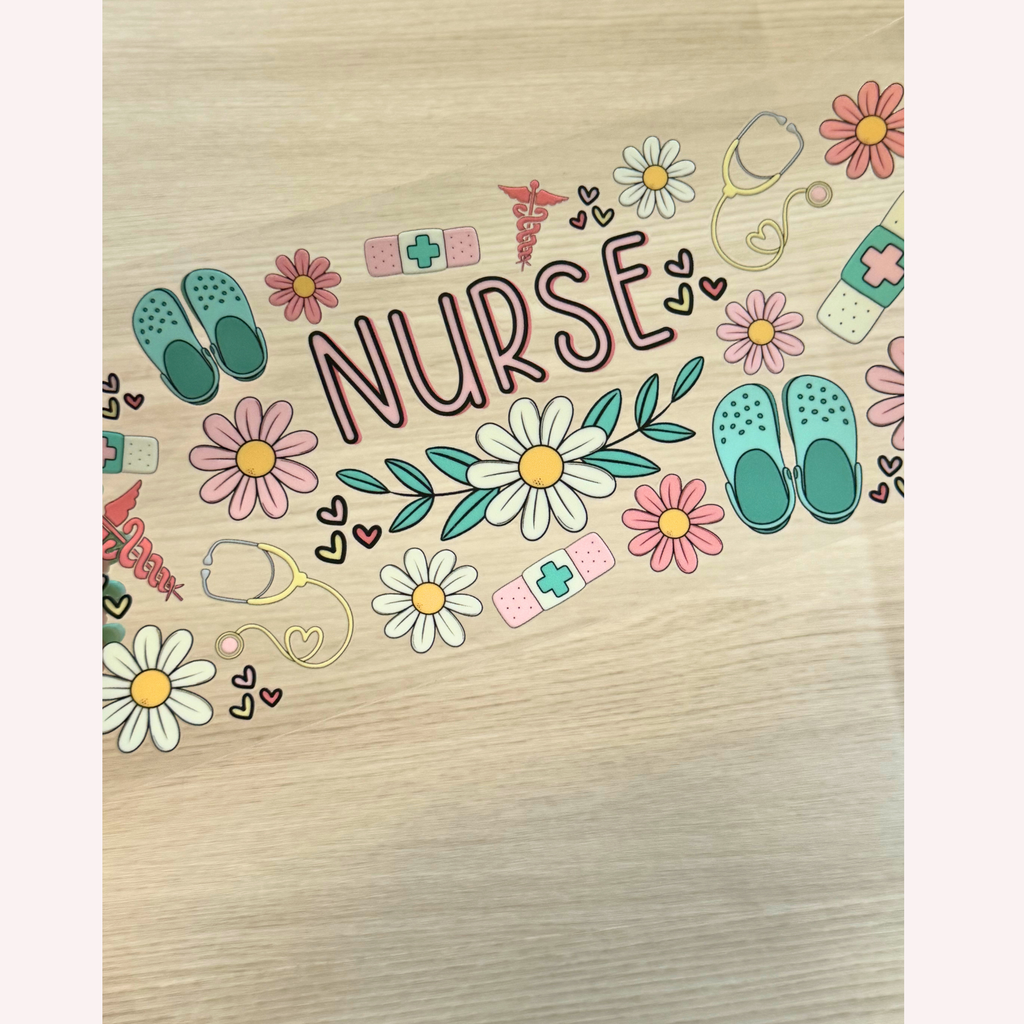 Nurse Cup Wrap | Neutral Coral & Sage Green Aesthetic | Floral Crocs & Stethoscope Design | 16 oz Libbey Glass Wrap