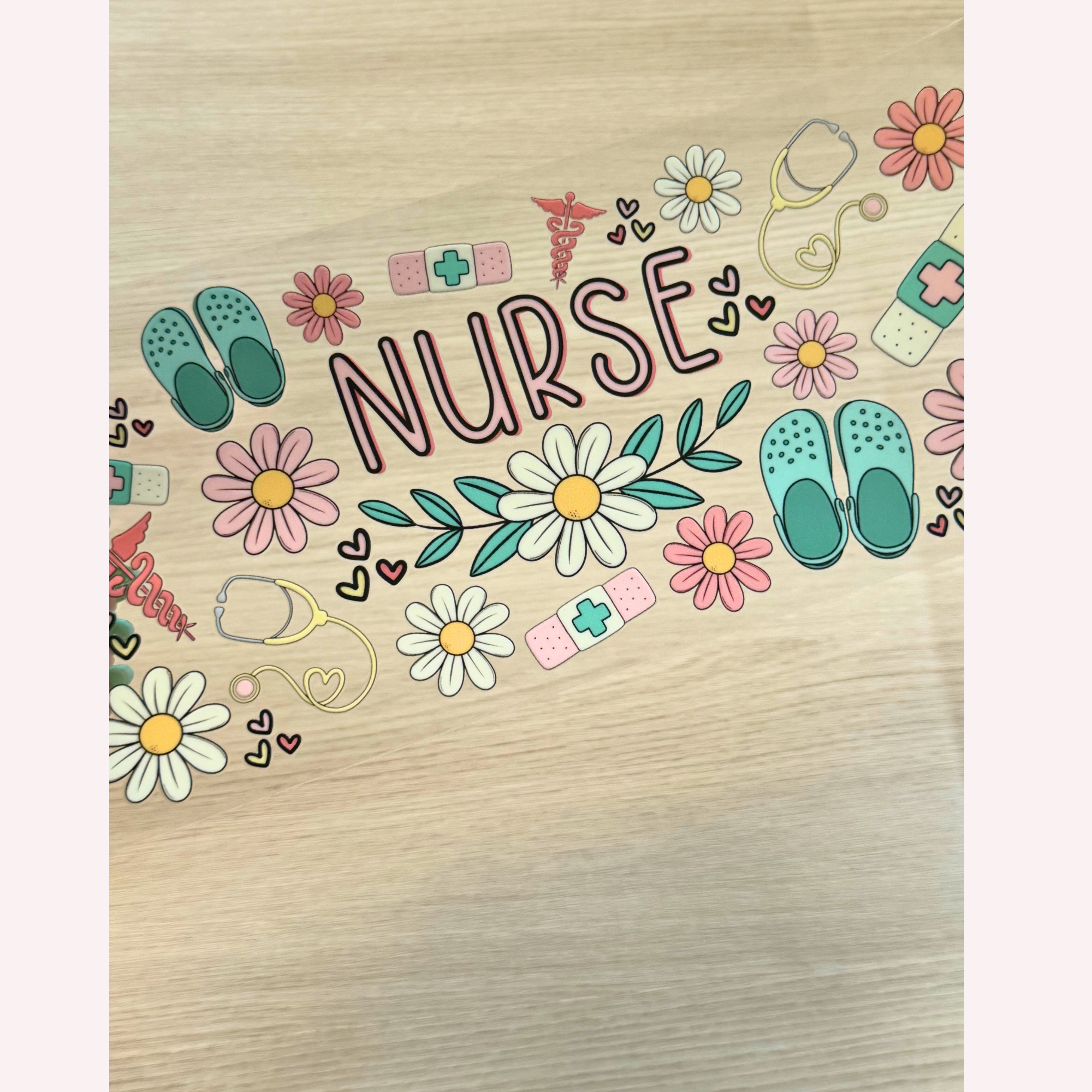 Nurse Cup Wrap | Neutral Coral & Sage Green Aesthetic | Floral Crocs & Stethoscope Design | 16 oz Libbey Glass Wrap