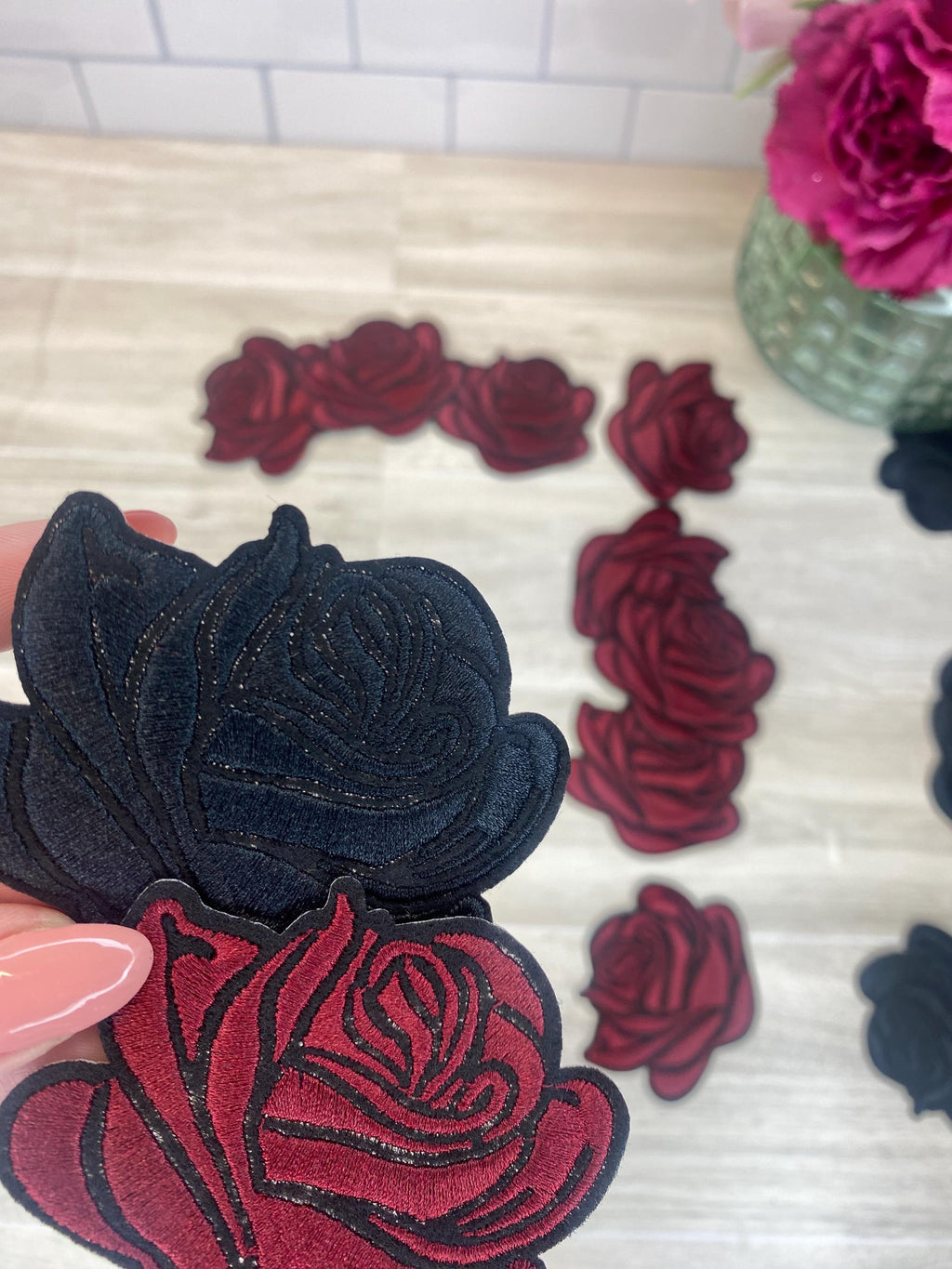 Embroidered Rose Iron On Patch: Black or Burgundy Flower Applique