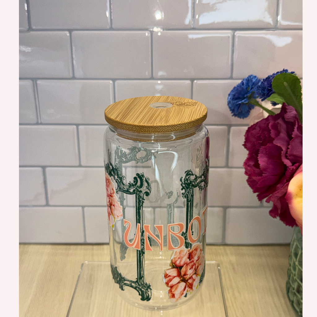 UNBOTHERED 16 oz Glass Cup with Lid & Straw | Vintage Green Frame Design | Elegant Aesthetic Drinkware