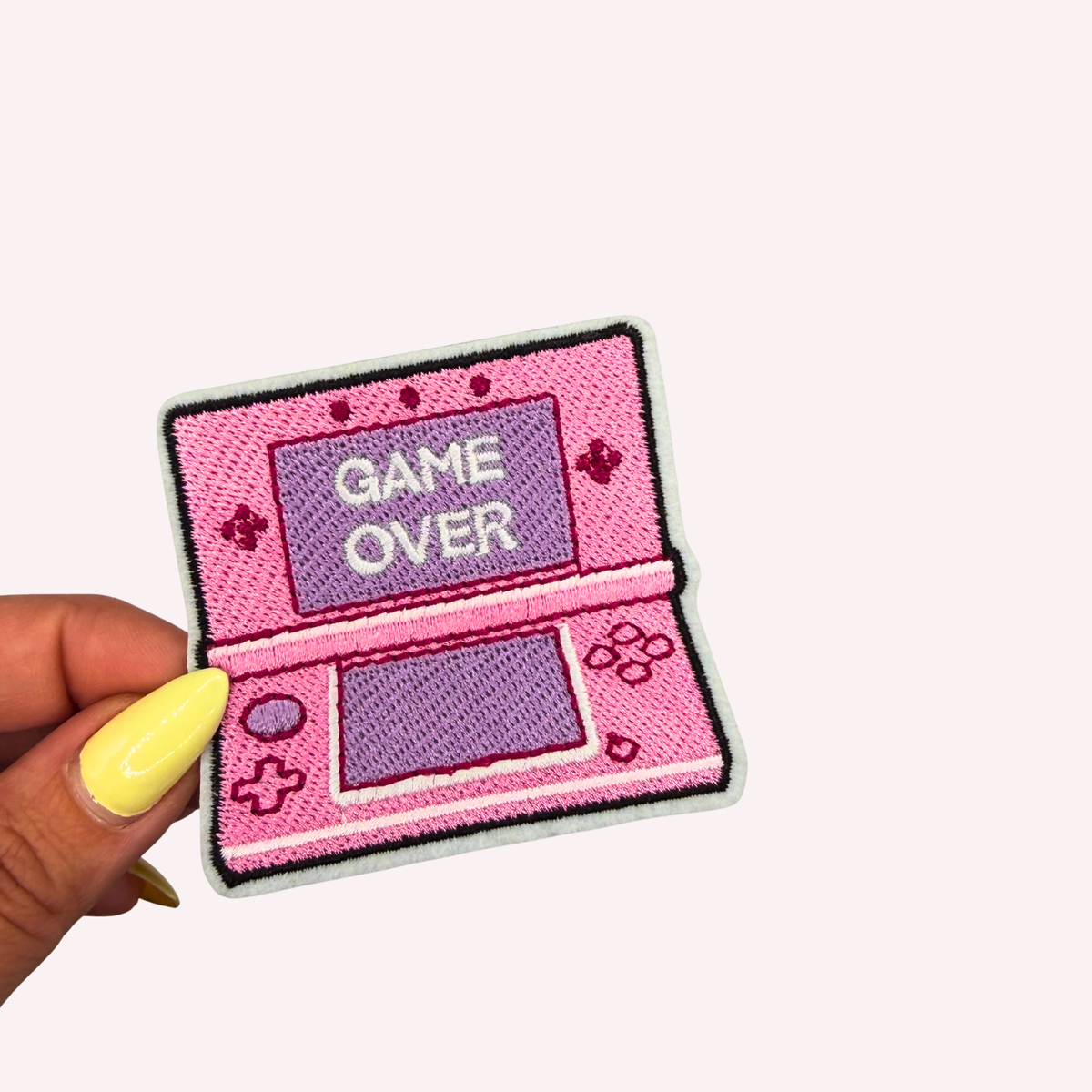 Pink Game Over Gamer Embroidered Iron-On Patch – Retro Handheld Gaming Patch, Y2K Gamer Patch, Cute Backpack & Jacket Patch