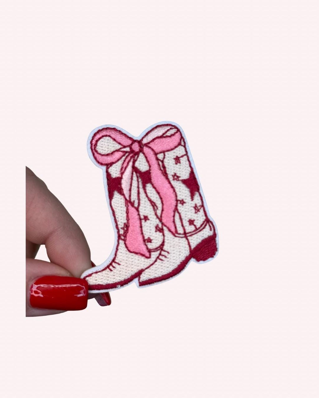 Girly Cowboy Boots Iron-On Patch with Pink Bow – Cute Western Embellishment