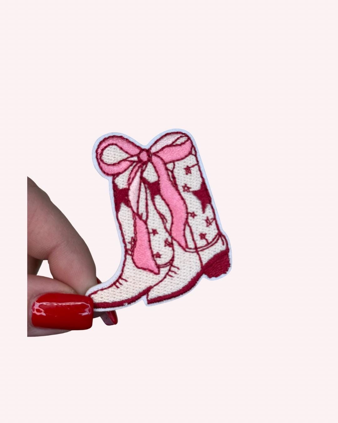 Girly Cowboy Boots Iron-On Patch with Pink Bow – Cute Western Embellishment