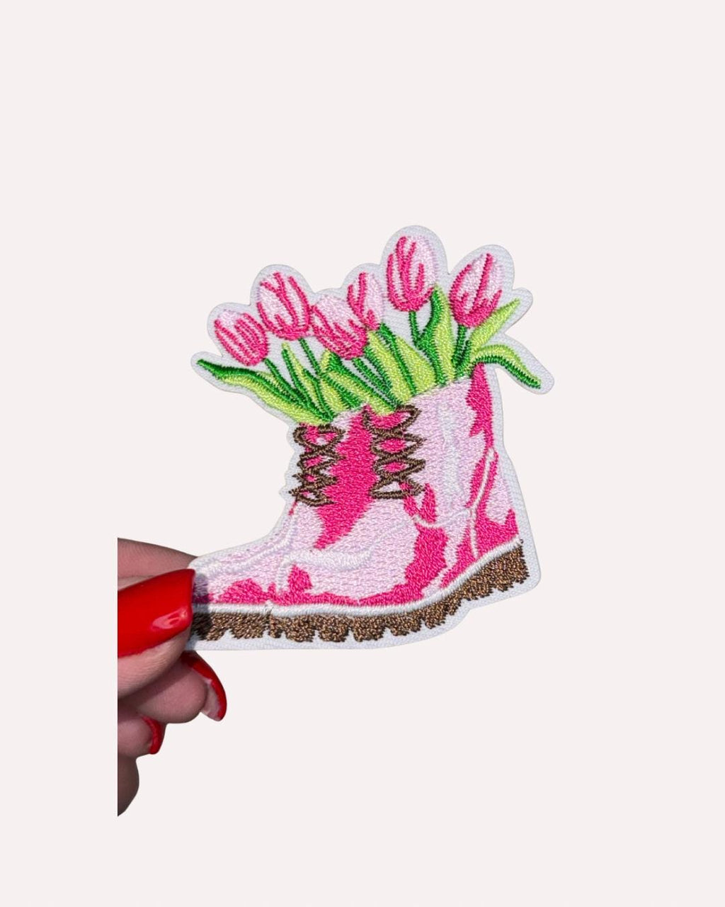 Cute Pink Boots with Tulips Iron-On Patch | Girly Floral Embroidered Patch | Soft Feminine Aesthetic