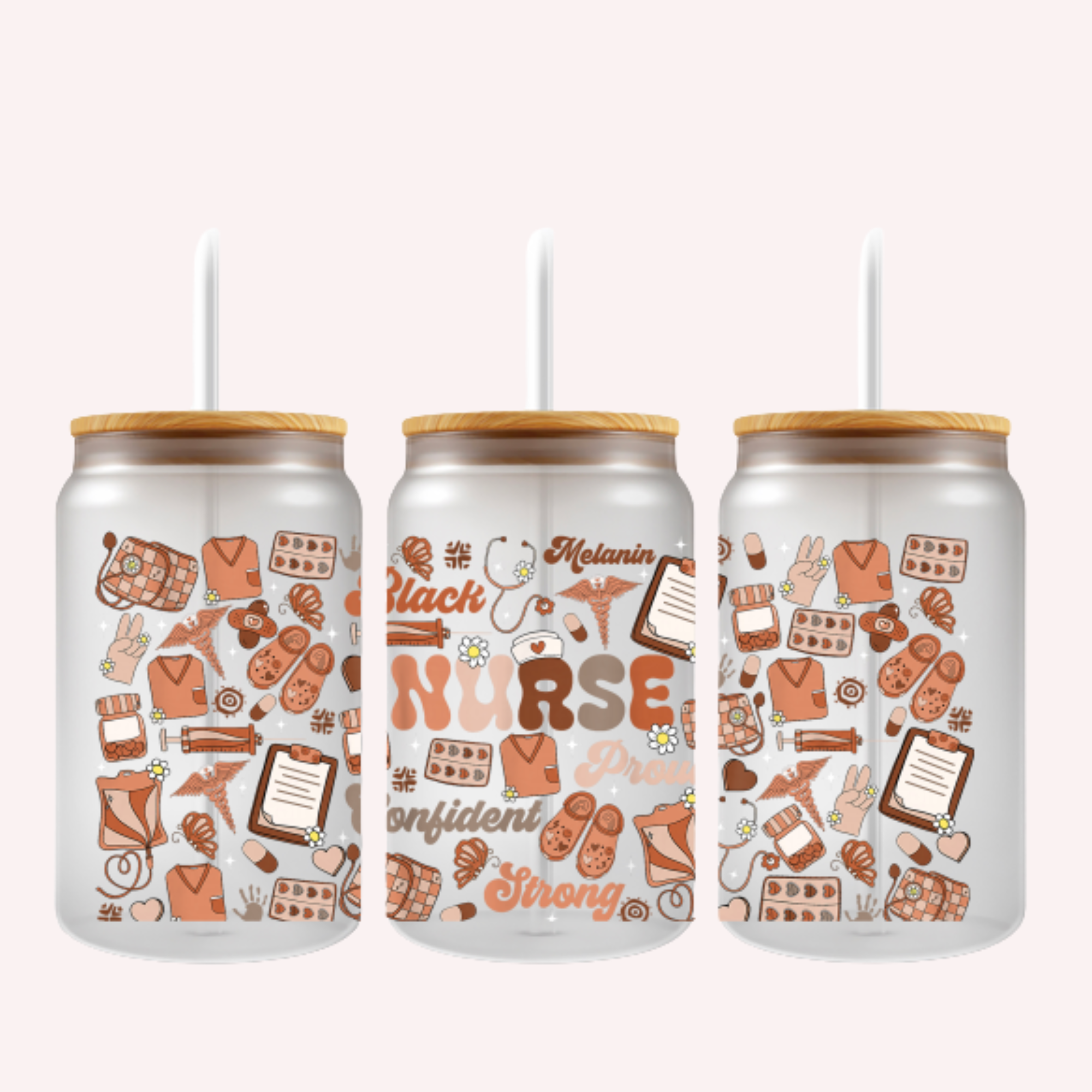 Black Nurse Pride Cup Wrap | Melanin Magic Aesthetic | Brown Tones Nurse Life Design | 16 oz Libbey Glass Wrap