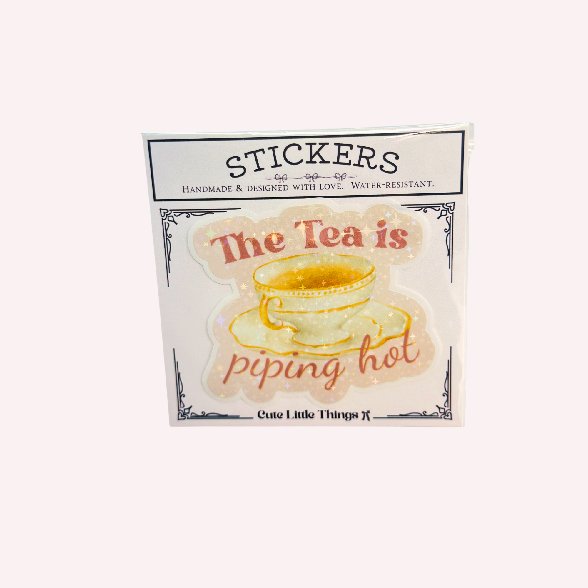 The Tea Is Piping Hot Holographic Sticker | Funny Tea Lover Sticker | Cute Gossip Teacup Decal | Water-Resistant Sticker