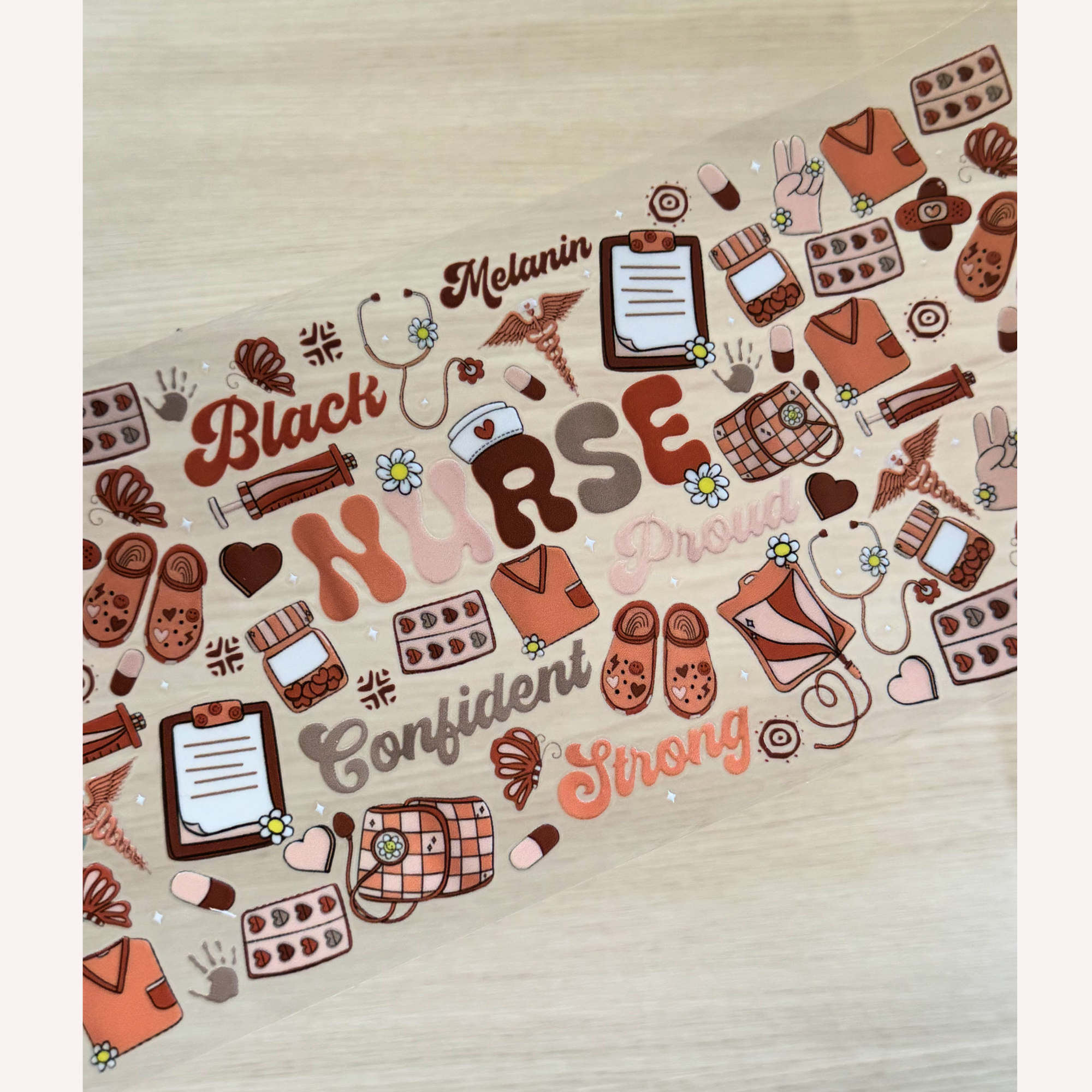 Black Nurse Pride Cup Wrap | Melanin Magic Aesthetic | Brown Tones Nurse Life Design | 16 oz Libbey Glass Wrap