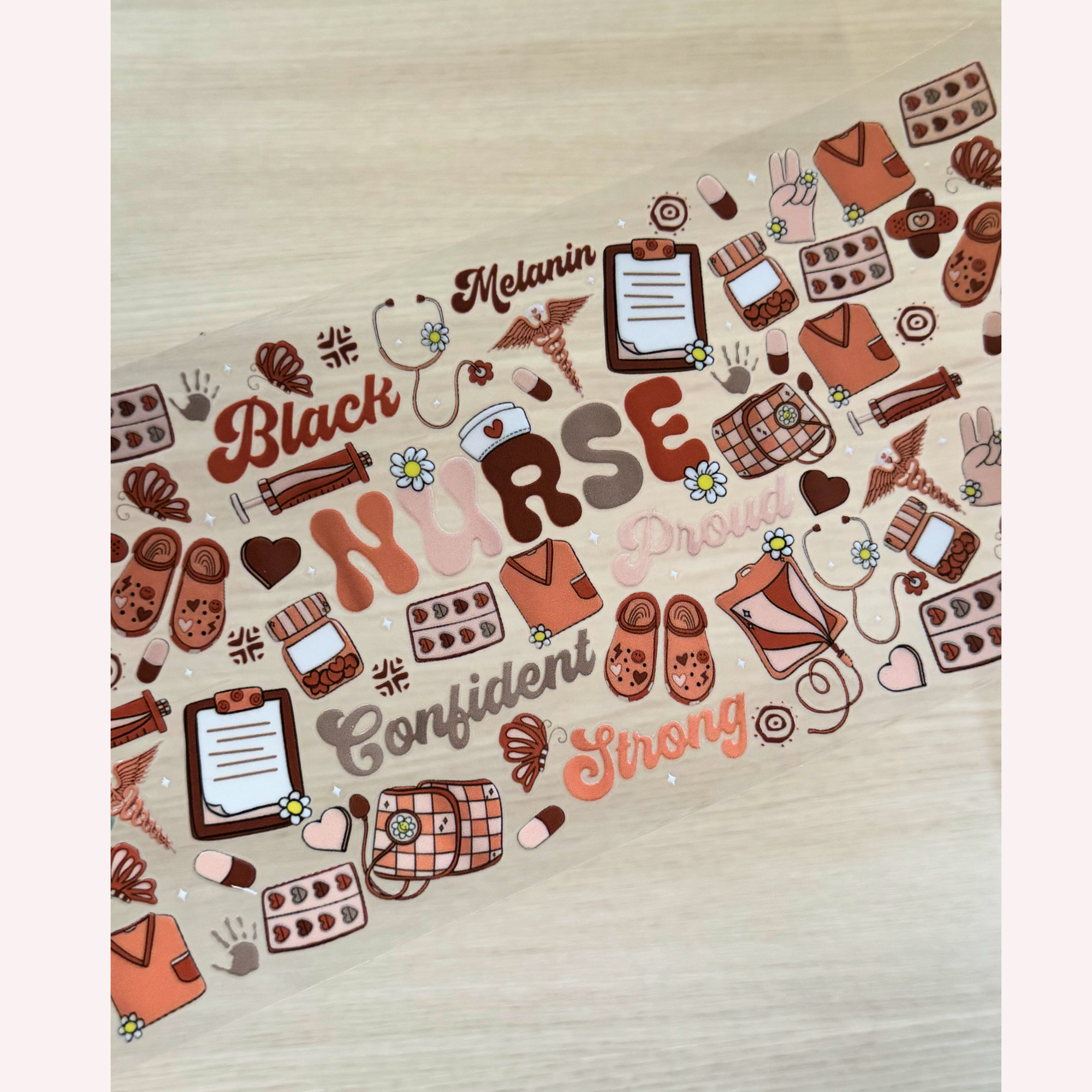 Black Nurse Pride Cup Wrap | Melanin Magic Aesthetic | Brown Tones Nurse Life Design | 16 oz Libbey Glass Wrap