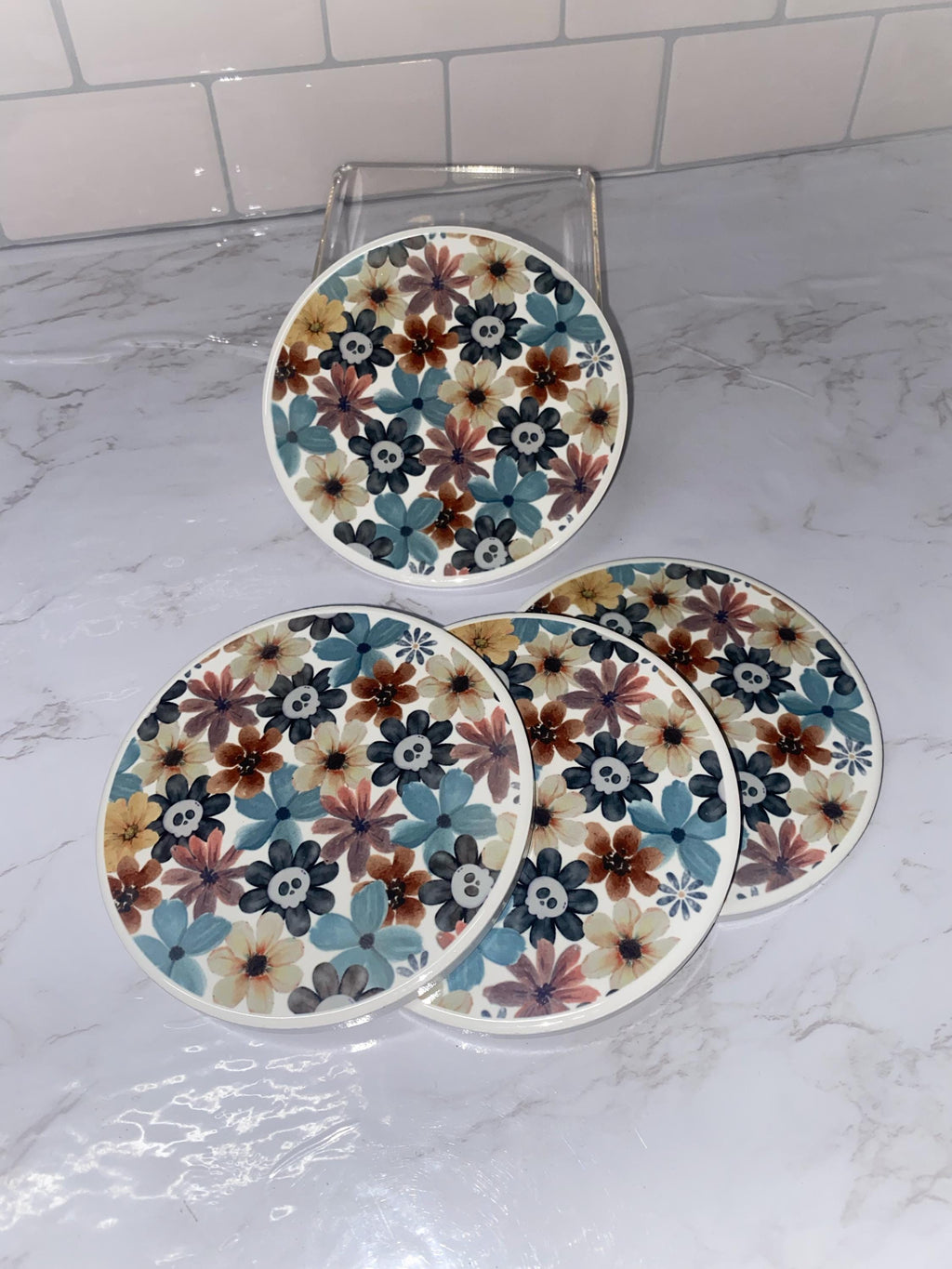 Fall Floral Skeleton Coasters: Spooky Halloween Decor, Set of 4