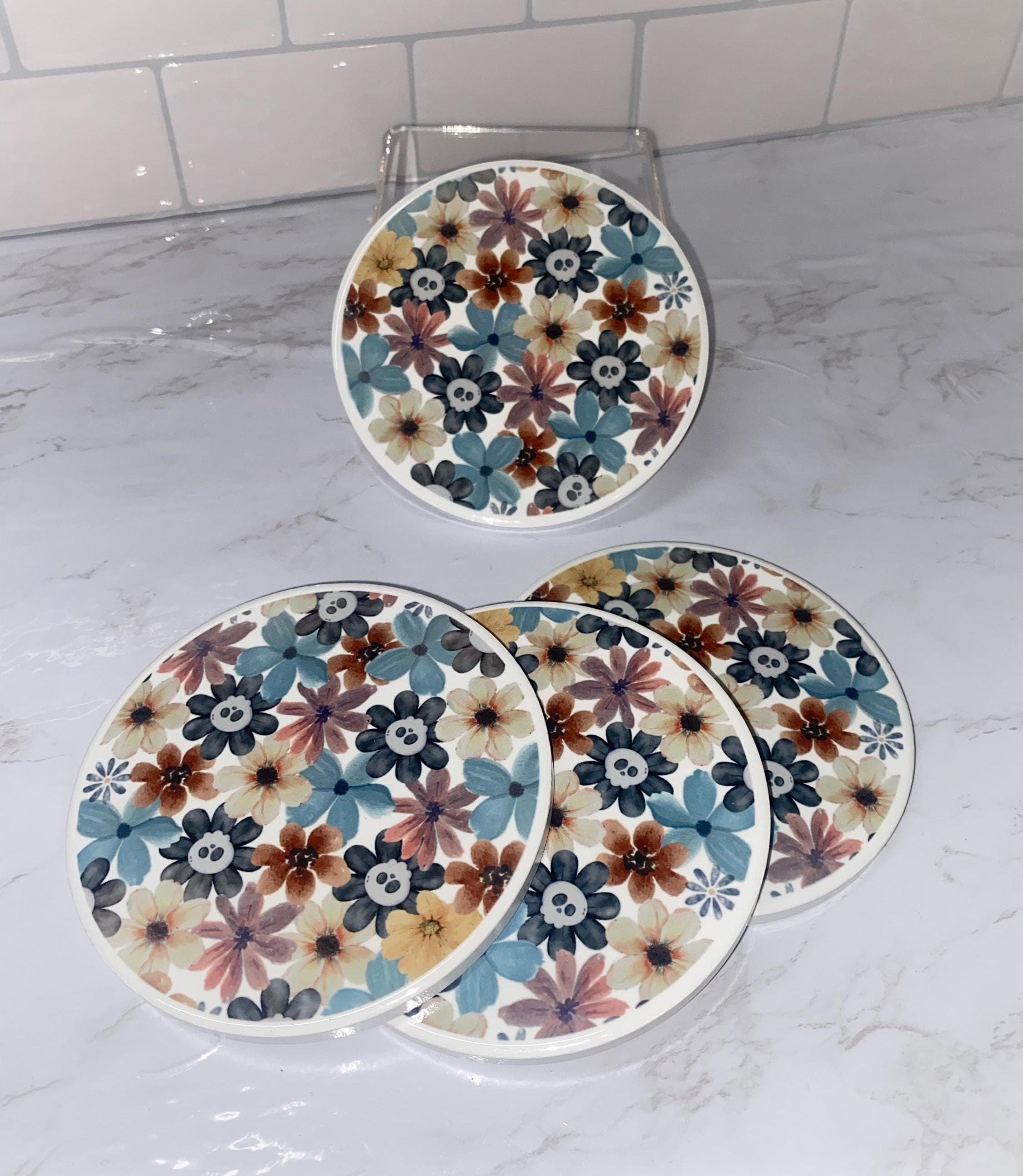 Fall Floral Skeleton Coasters: Spooky Halloween Decor, Set of 4