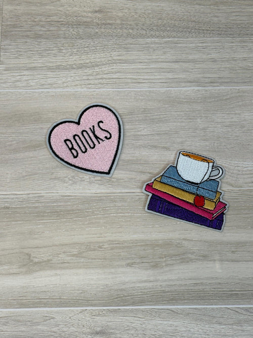 Books & Coffee Patch Duo Set (2–3.5”) | Iron-On Embroidery