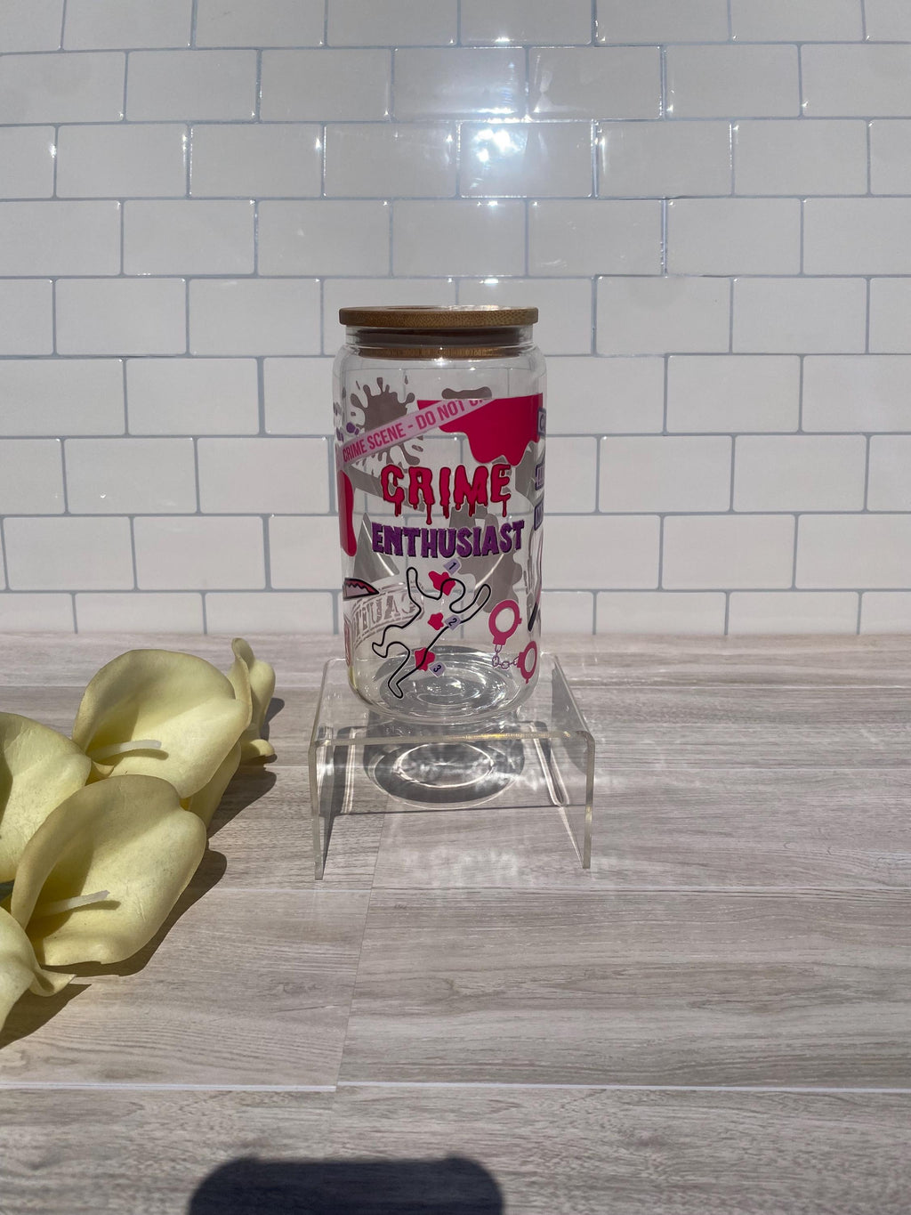 Crime Enthusiast Glass Can Tumbler: Pink & Purple True Crime Gift