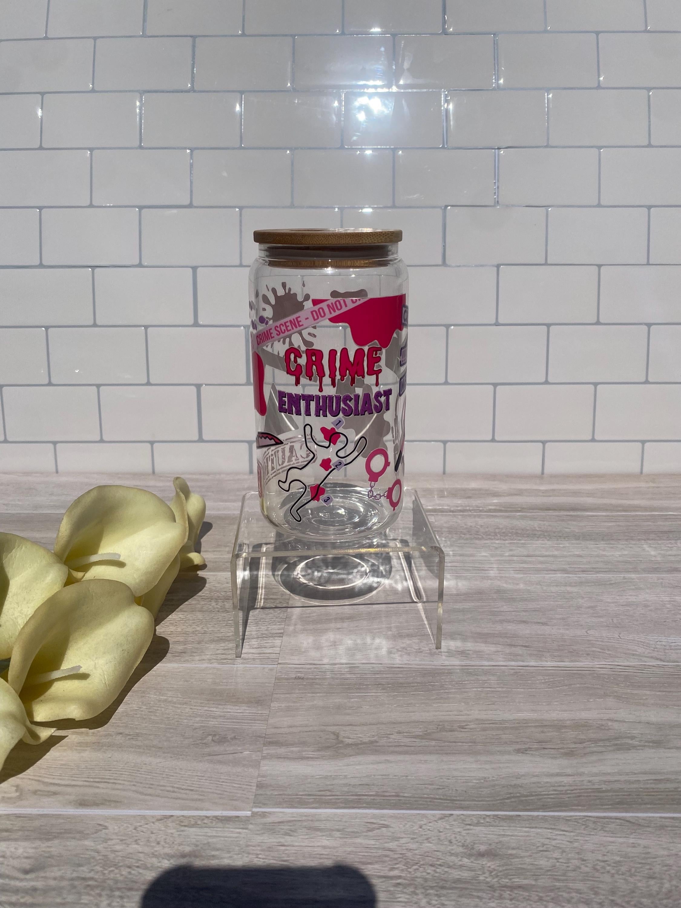 Crime Enthusiast Glass Can Tumbler: Pink & Purple True Crime Gift