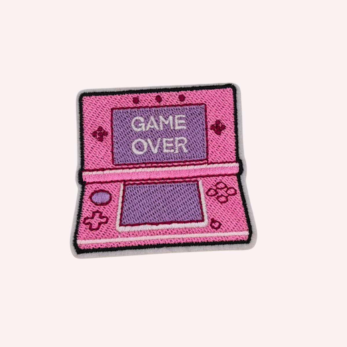Pink Game Over Gamer Embroidered Iron-On Patch – Retro Handheld Gaming Patch, Y2K Gamer Patch, Cute Backpack & Jacket Patch