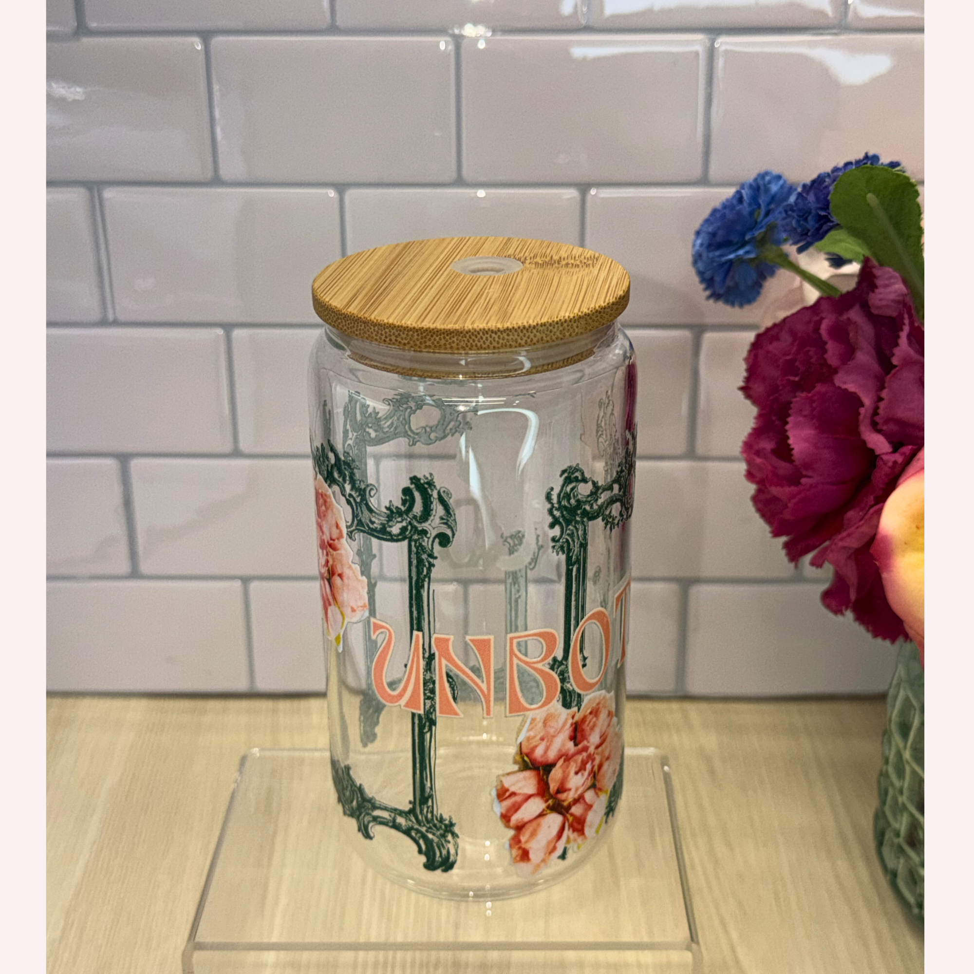UNBOTHERED 16 oz Glass Cup with Lid & Straw | Vintage Green Frame Design | Elegant Aesthetic Drinkware