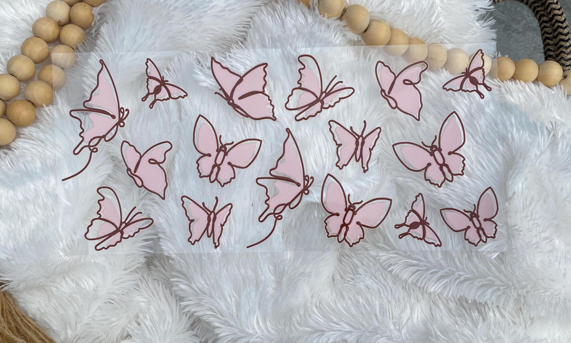 Pink Butterflies, UV DTF 16oz wrap, Butterfly cup wrap