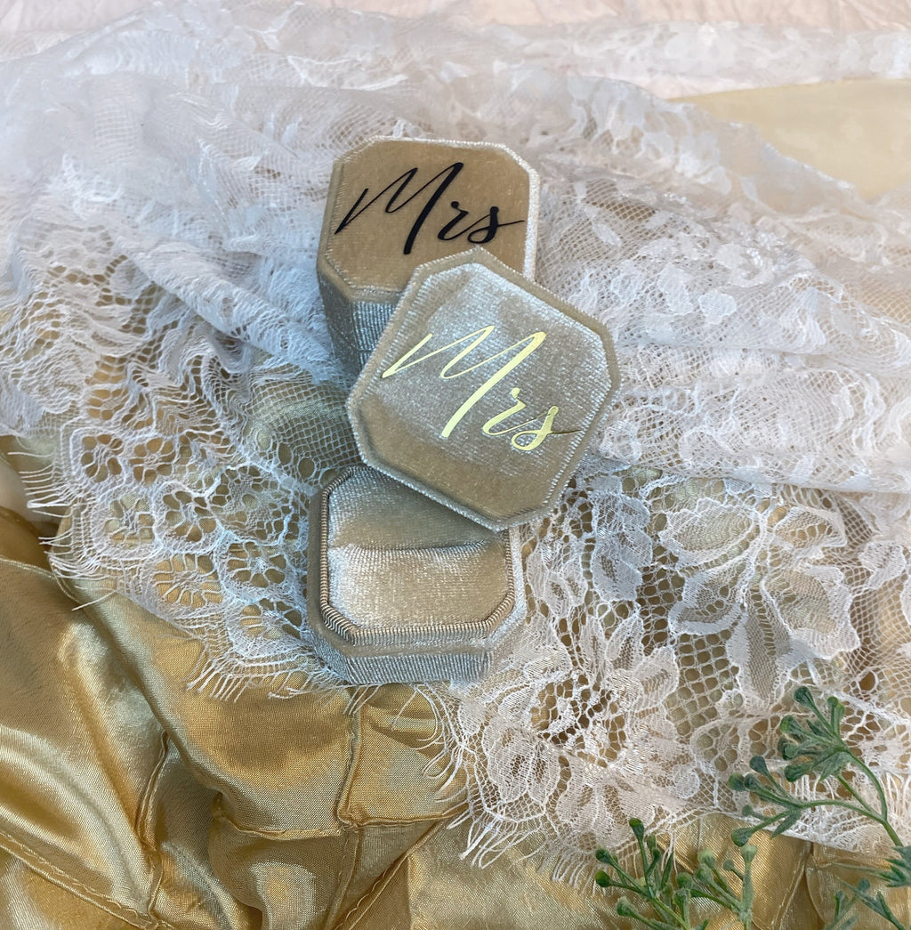 Corduroy Mrs. Ring Box: Bride Gift, Gold/Black Lettering