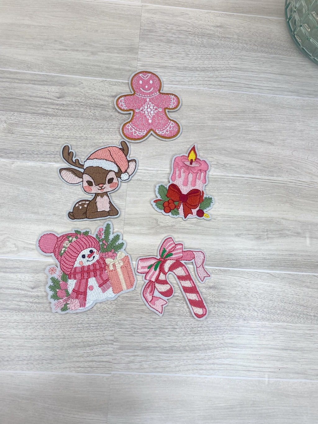 Pink Christmas Iron On Patch Set – 5 Piece Embroidered Holiday Patches
