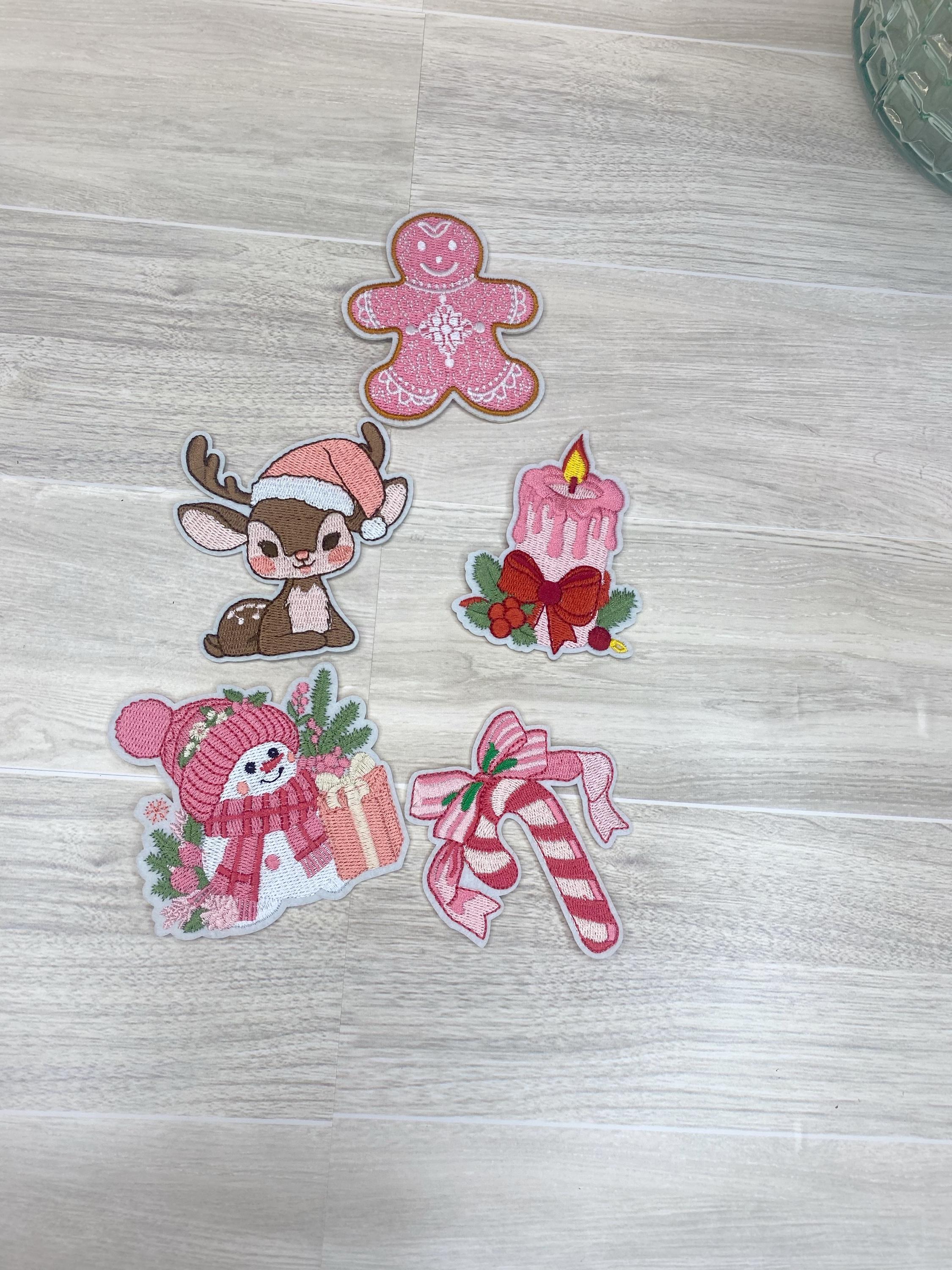 Pink Christmas Iron On Patch Set – 5 Piece Embroidered Holiday Patches