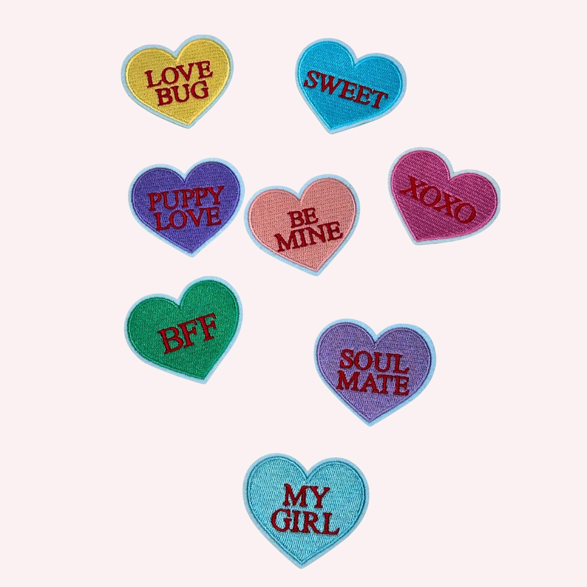 Candy Heart-Inspired Patch Set | Pastel Valentine Embroidery Appliques (2–3.5”)