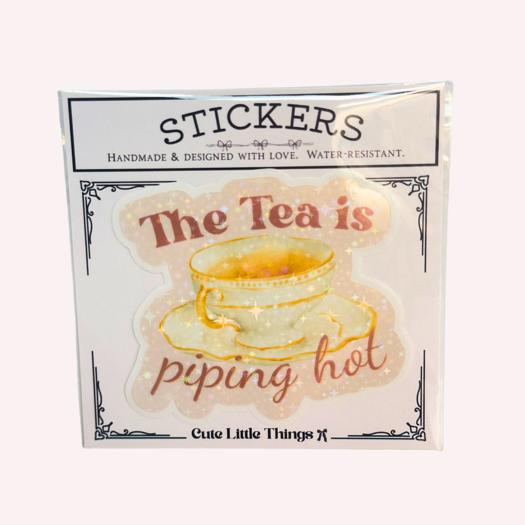 The Tea Is Piping Hot Holographic Sticker | Funny Tea Lover Sticker | Cute Gossip Teacup Decal | Water-Resistant Sticker