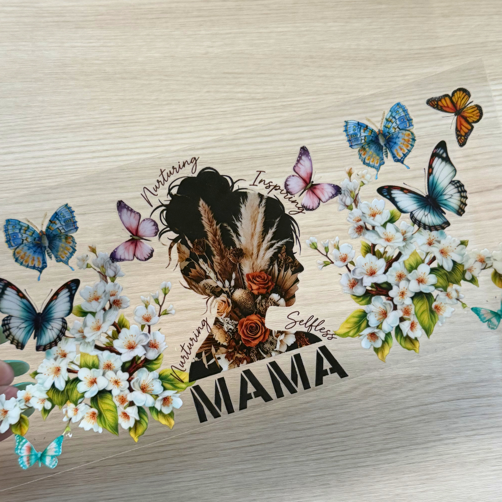 MAMA Cup Wrap | Butterfly & Floral Design | Mother’s Day Gift | 16 oz Libbey Glass Wrap