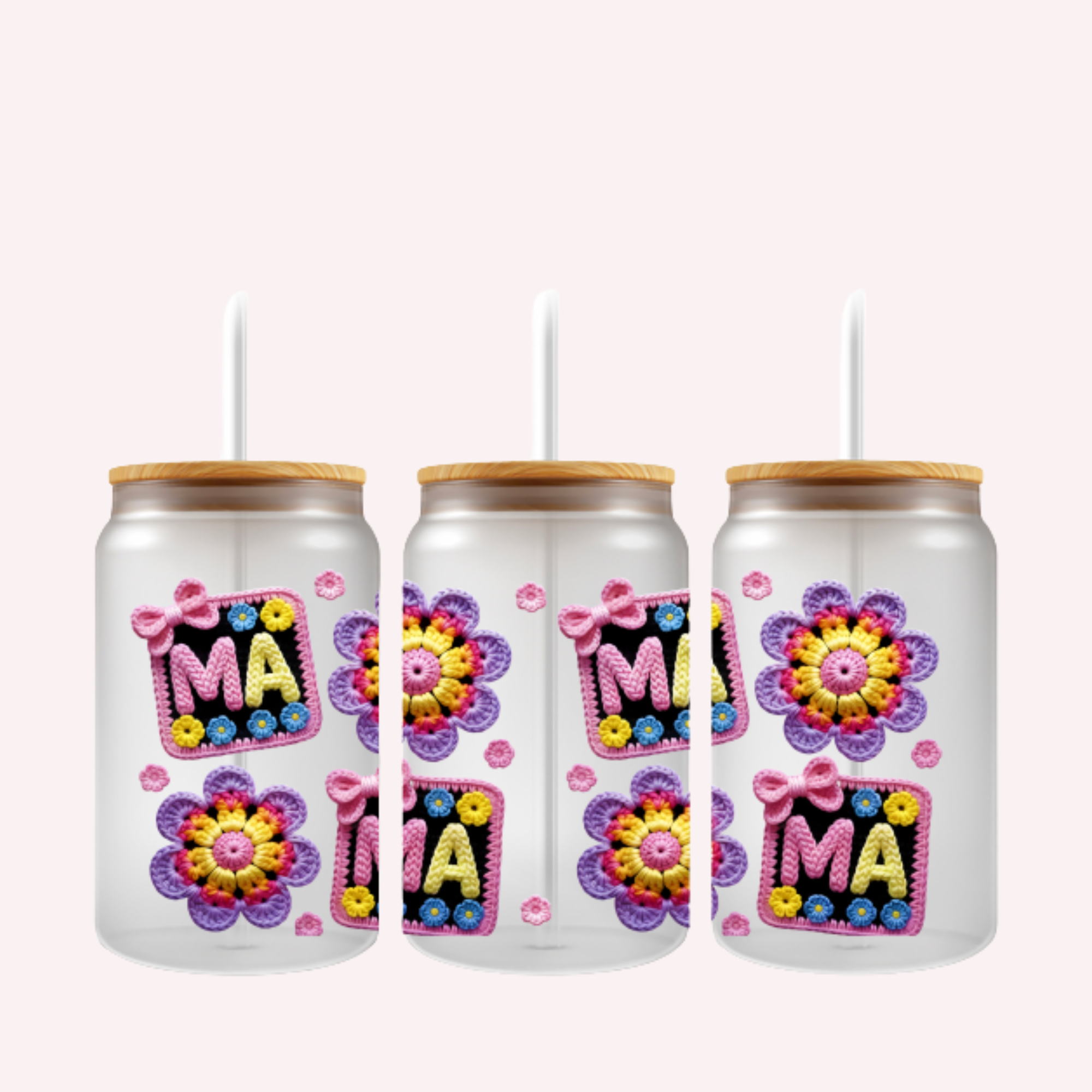 MA Cup Wrap | Crochet Style Lettering on Black Background | Colorful Floral Design | 16 oz Libbey Glass Wrap