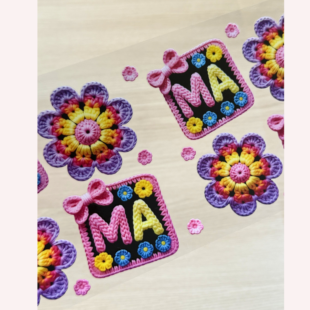MA Cup Wrap | Crochet Style Lettering on Black Background | Colorful Floral Design | 16 oz Libbey Glass Wrap