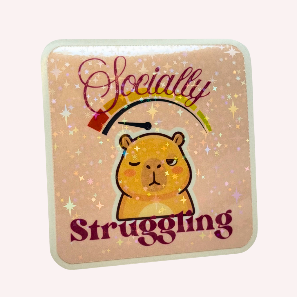 Socially Struggling Sticker | Funny Introvert Holographic Sticker | Cute Mental Health Sticker | Water-Resistant Sticker