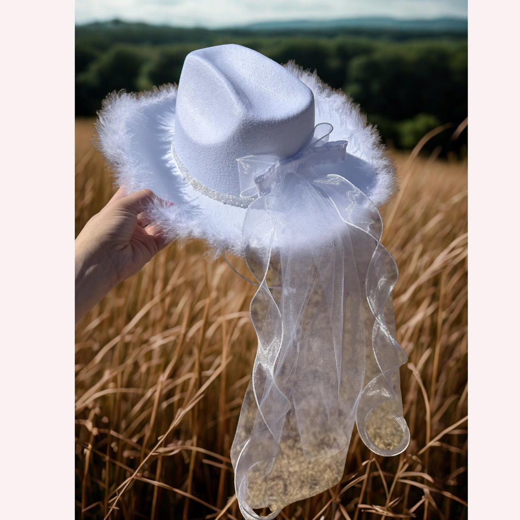 The Classic Hat, White Cowgirl Bride Hat with Veil & Bow, Bridal Cowgirl Hat, Bachelorette Hat, Wedding Photo Prop | Western Bride