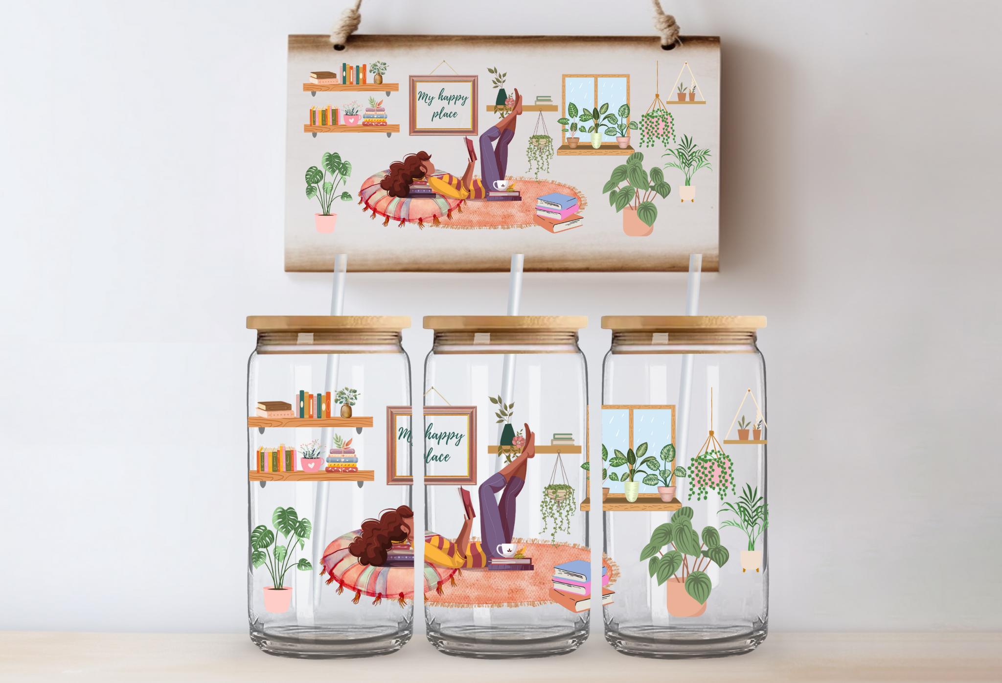 Plant Lover, My Happy Place, Sitting with plants, - 16 ounce beer can glass